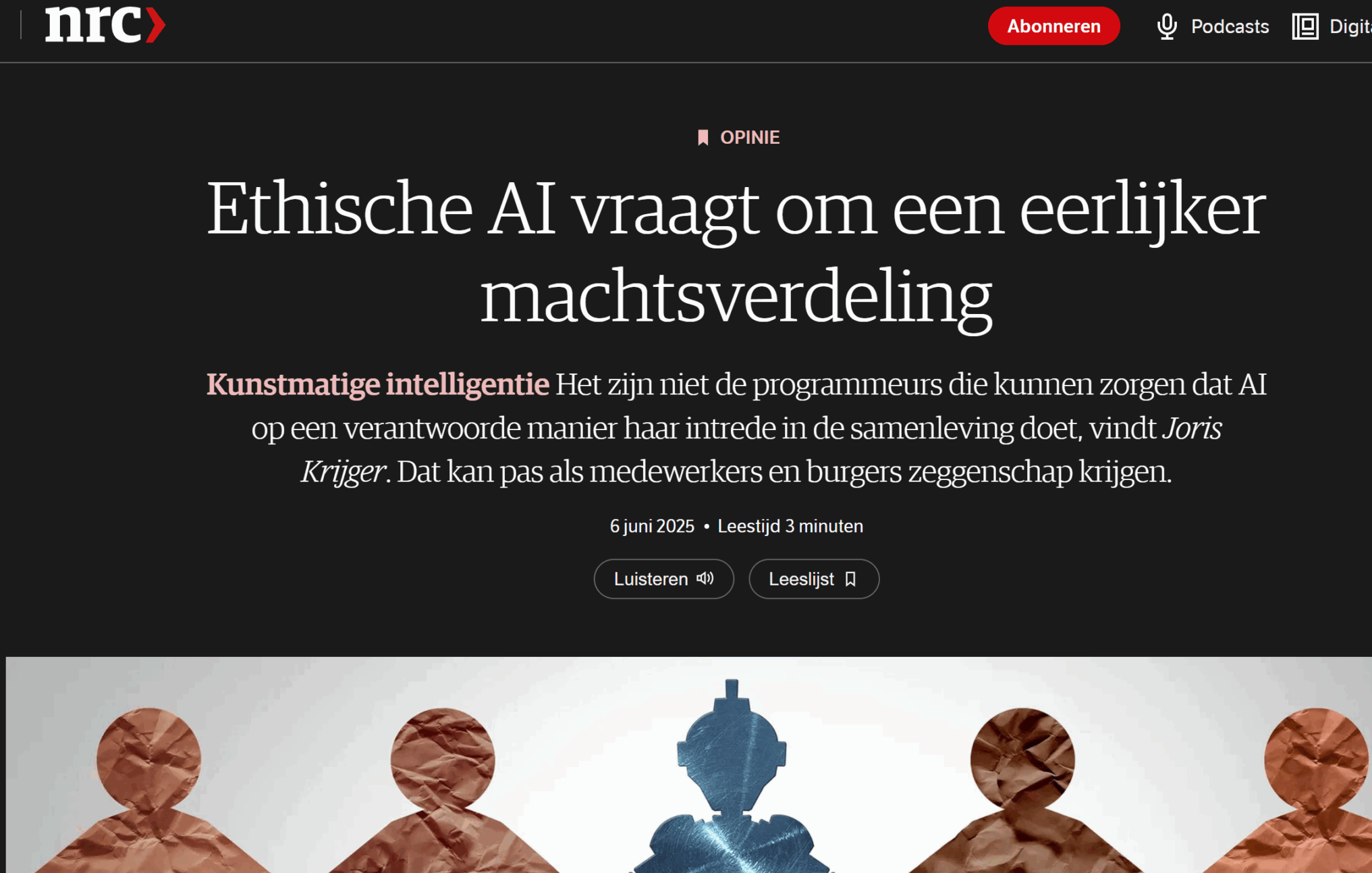 NRC opiniestuk van Joris Krijger over Ethische AI